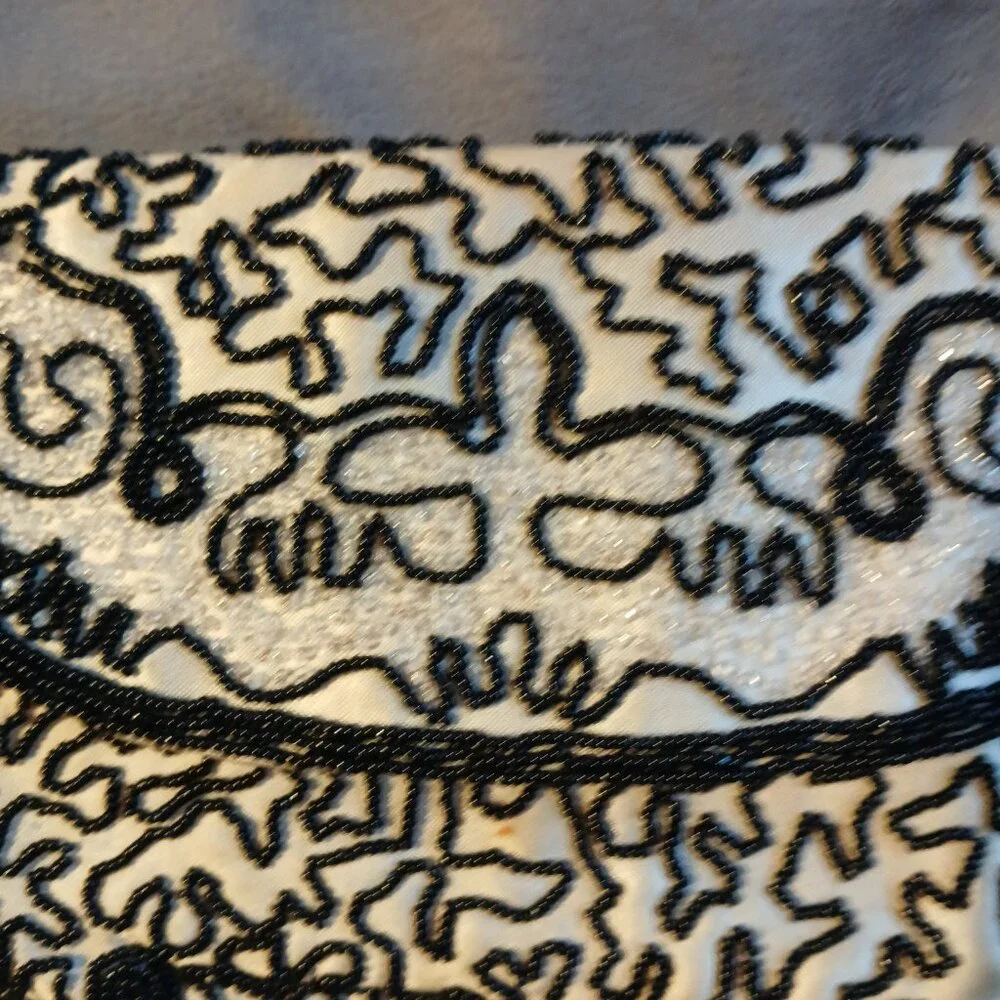 Vintage Women's Fabric White Clutch Abstract Black Beading